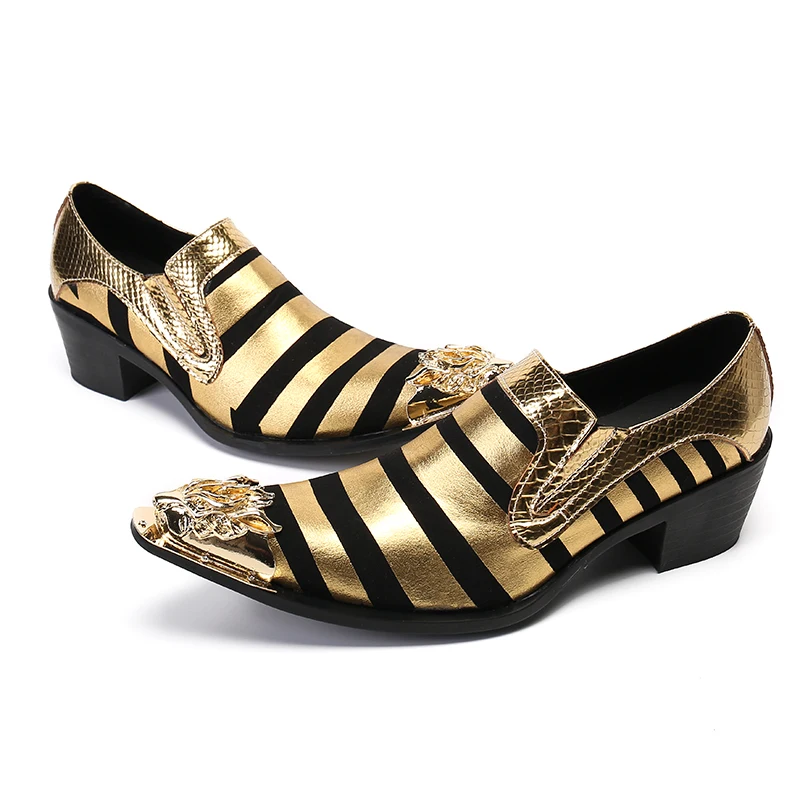 

6.5cm High Heels Men's Shoes Pointed Metal Tip Gold Striped Genuine Leather Dress Shoes Men for Business and Party Oxford 38-47