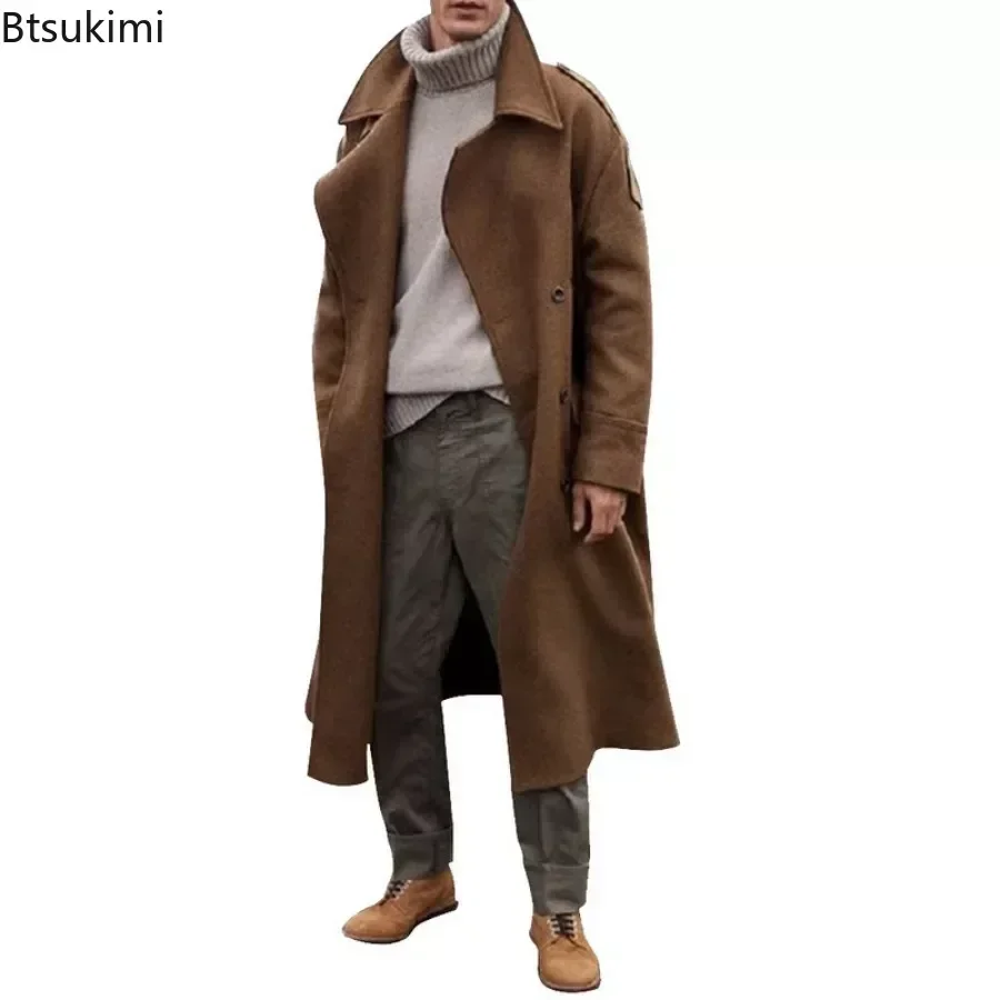 2024 Men's Winter Jacket Coats Turn-down Collar Washable Simple Vintage Men Long Trench Coats Casual Blends Men's Warm Clothing