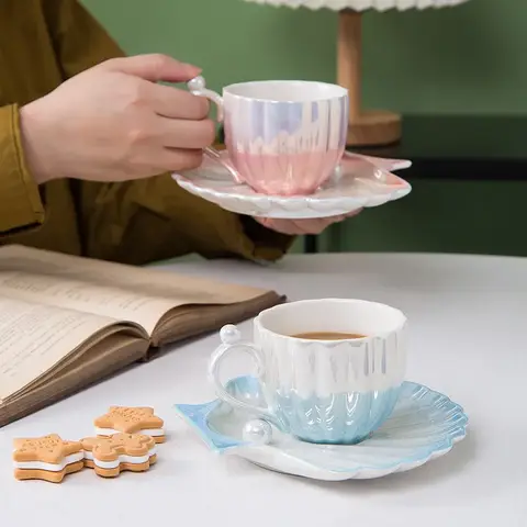 Ins Gradient Color Pearl Shell Ceramic Cup Afternoon Tea Cups and Plates Exquisite Ceramic Coffee Cup Home TeaCups Dessert Dish