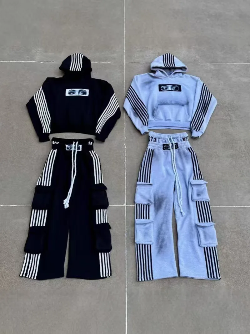 

American fashion eye striped dark goth Harajuku men hoodie unique double-waist top hip-hop sportswear set couple casual clothing
