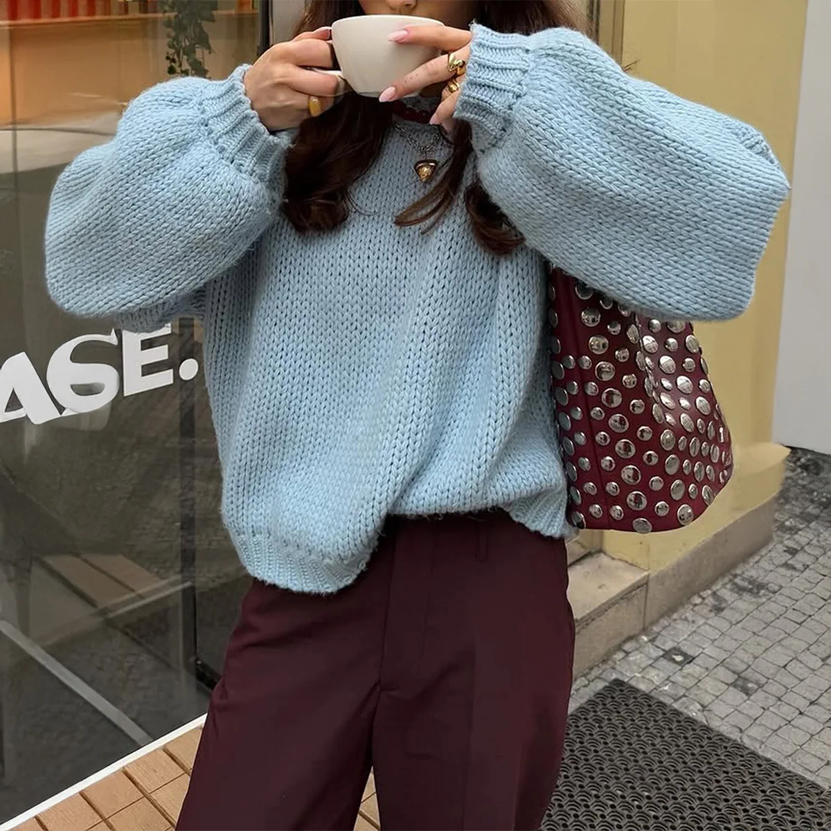 2025 suéter para mujer, Tops, suéteres para mujer, ropa básica informal Simple con cuello redondo, suéter con forro interior de manga larga