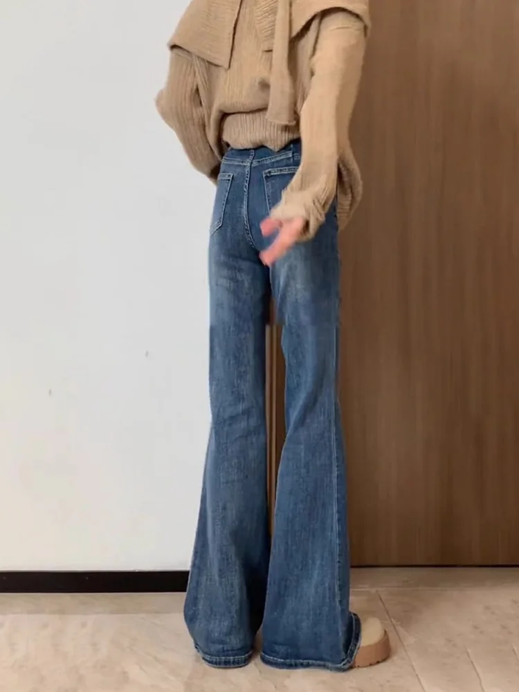 Deep Blue Fce Gefütterte High Waist Bell Bot Jeans Damen Herbst Winter Thiened Große Hose mit weitem Bein Freizeitkleidung