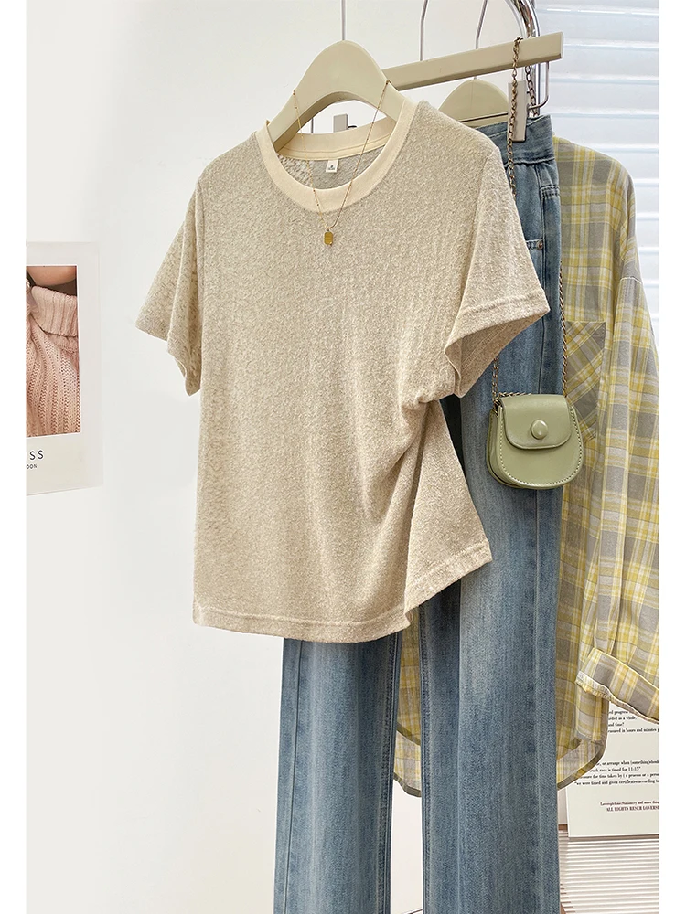 

New 2025 Slim Fit ort Sve T-irt Loose Large Size Thin Breathable Women's Summer Top Korean Sle Pure Color Polyester