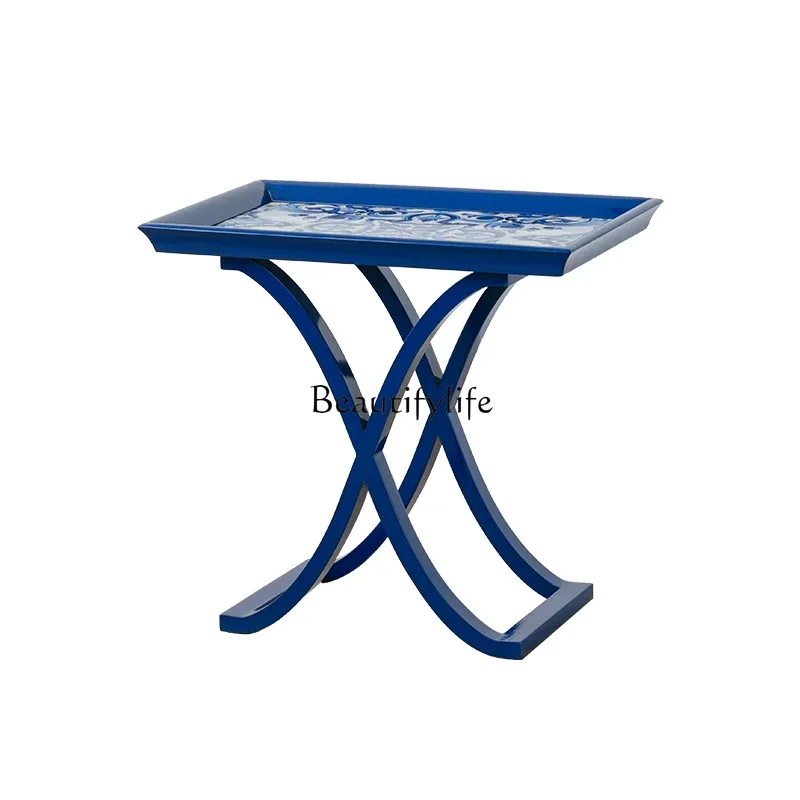 03.Painted square table French retro blue printing living room coffee table