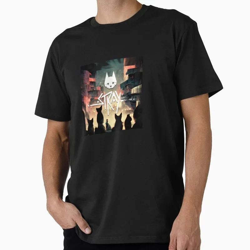 Stray Video Game Cat Graphic T‑Shirt O‑Neck Short Sleeve Unisex Tees Cyberpunk Stray Cat Print Casual Streetwear For Gamer Fans