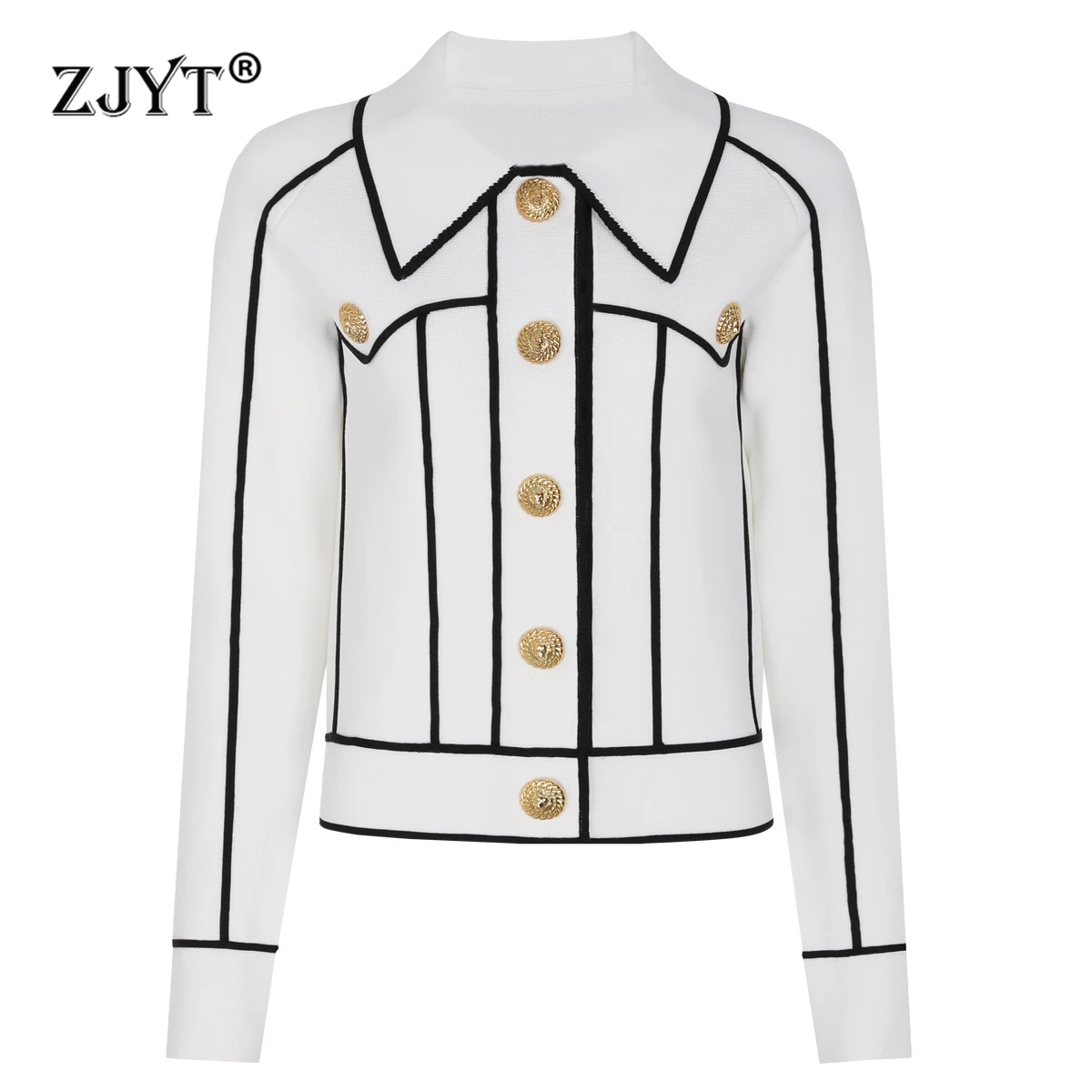 

ZJYT Spring Autumn Striped Knitted Cardigans Sweaters for Women Turn Down Collar Single Breasted Tops White Casual Jersey Mujer