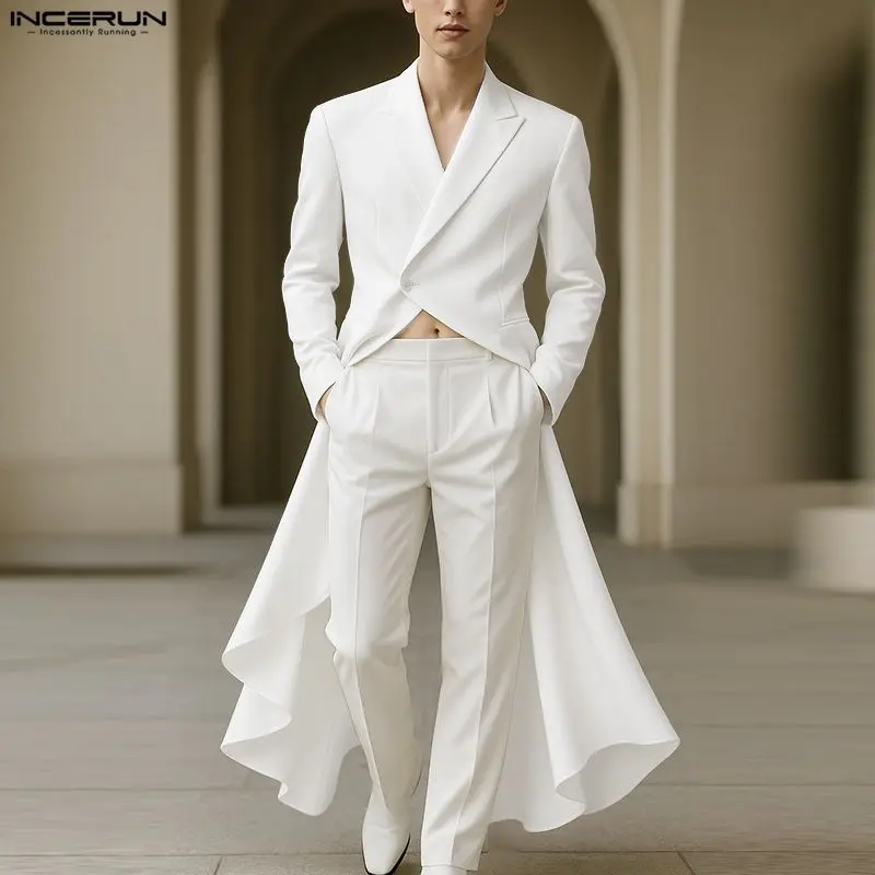 

INCERUN Men Irregular Blazer Solid Color Lapel Long Sleeve Long Style Blazer Men Streetwear Male Suit Fashion Thin Coats S-5XL