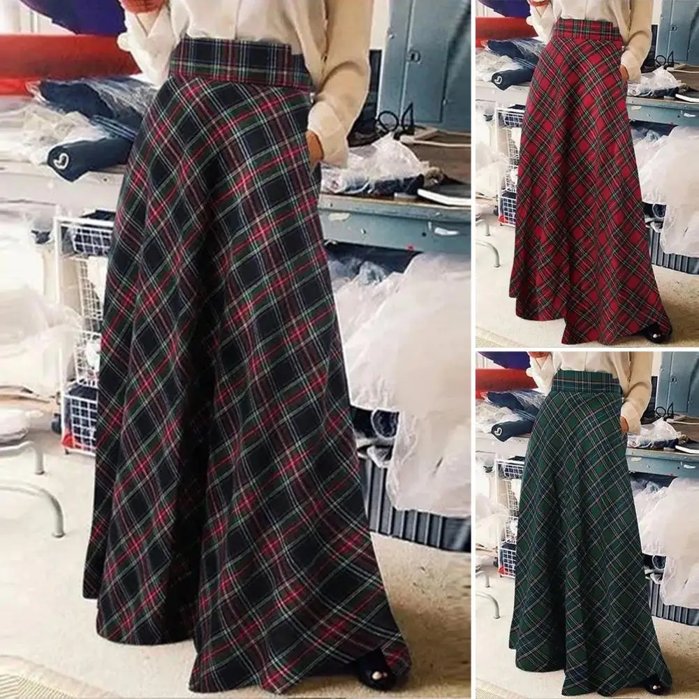 Women Long Skirt Plaid Print High Waist Maxi Skirt for Women A-line Floor Length Spring Skirt with Oversized Check Pattern