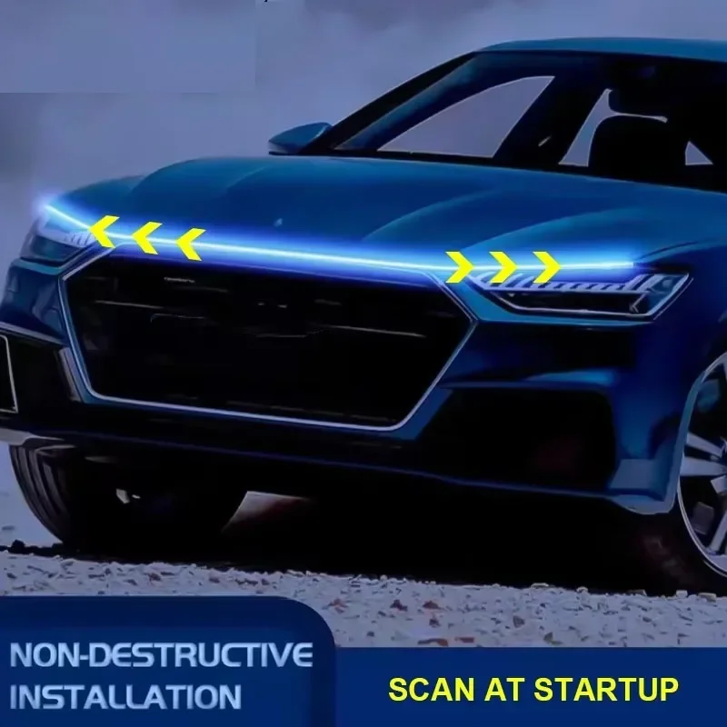Luz LED Dinâmica para Capô de Carro 12V, Luz Diurna com Efeito de Escaneamento ao Iniciar o Motor, Luz Guia Decorativa à Prova d'Água, Fita de Luz Ambiente