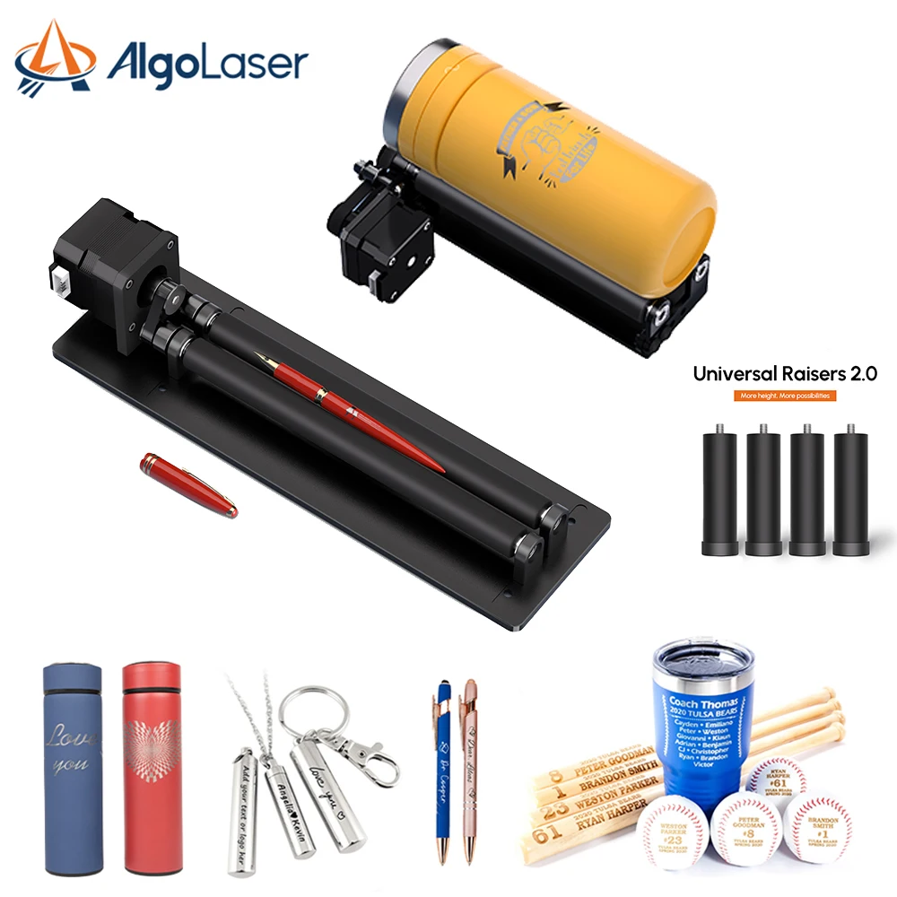 AlgoLaser ARR Y‑Axis Rotary Roller, 360‑Degree Rotating Engraving Module, Universal Accessory with Riser Feet Included, Compatible with 95% Laser Engraving Machines, for Cylindrical Objects, Tumblers, Bottles, Pens DIY Craft Engraving
