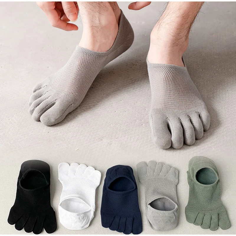 

Men's Summer Thin Five Finger Socks Shallow Invisible Boat Socks Mesh Breathable Split Toe Socks Solid Color Silicone Anti Slip