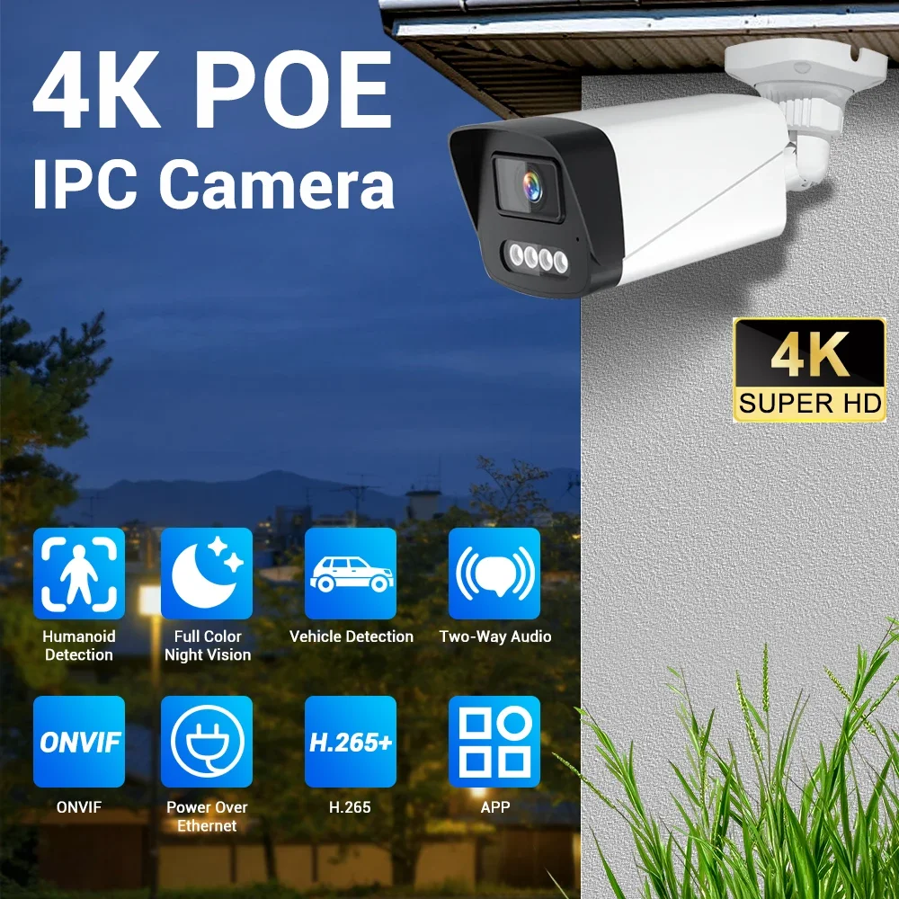 4K POE IP Camera Outdoor Human/Vehicle Detection Two-Way Audio Alarm IP66 Weatherproof Security CCTV Camara For NVR System