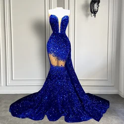 Real Sample Sexy Mermaid Prom Dresses 2026 Handmade Crystals Royal Blue Sequin Black Girls Prom Party Gowns