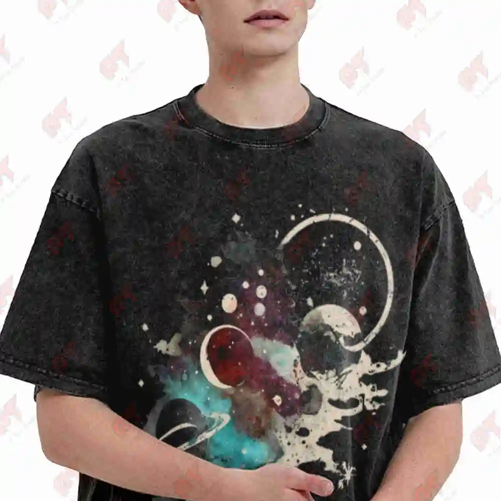 Space Introvert Celestial Galaxy Outer Fantasy Planet Vintage Washed Tee Pure Cotton T-Shirt