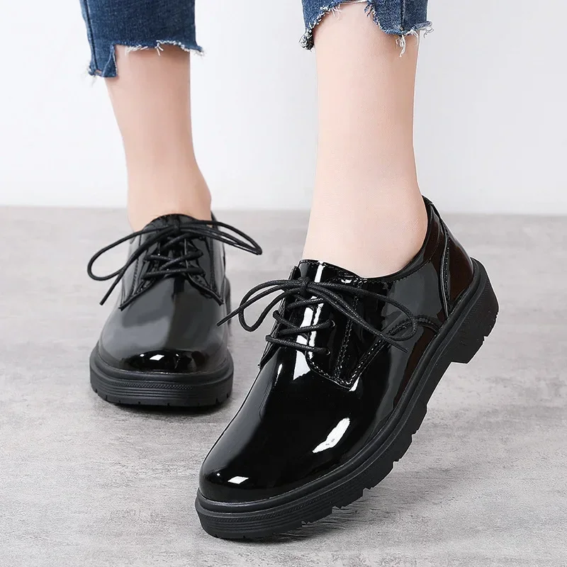 

Women's Work Shoes Black Soft Soles Non-slip Thick Heel Round Head British Style Small Leather Shoes for Women