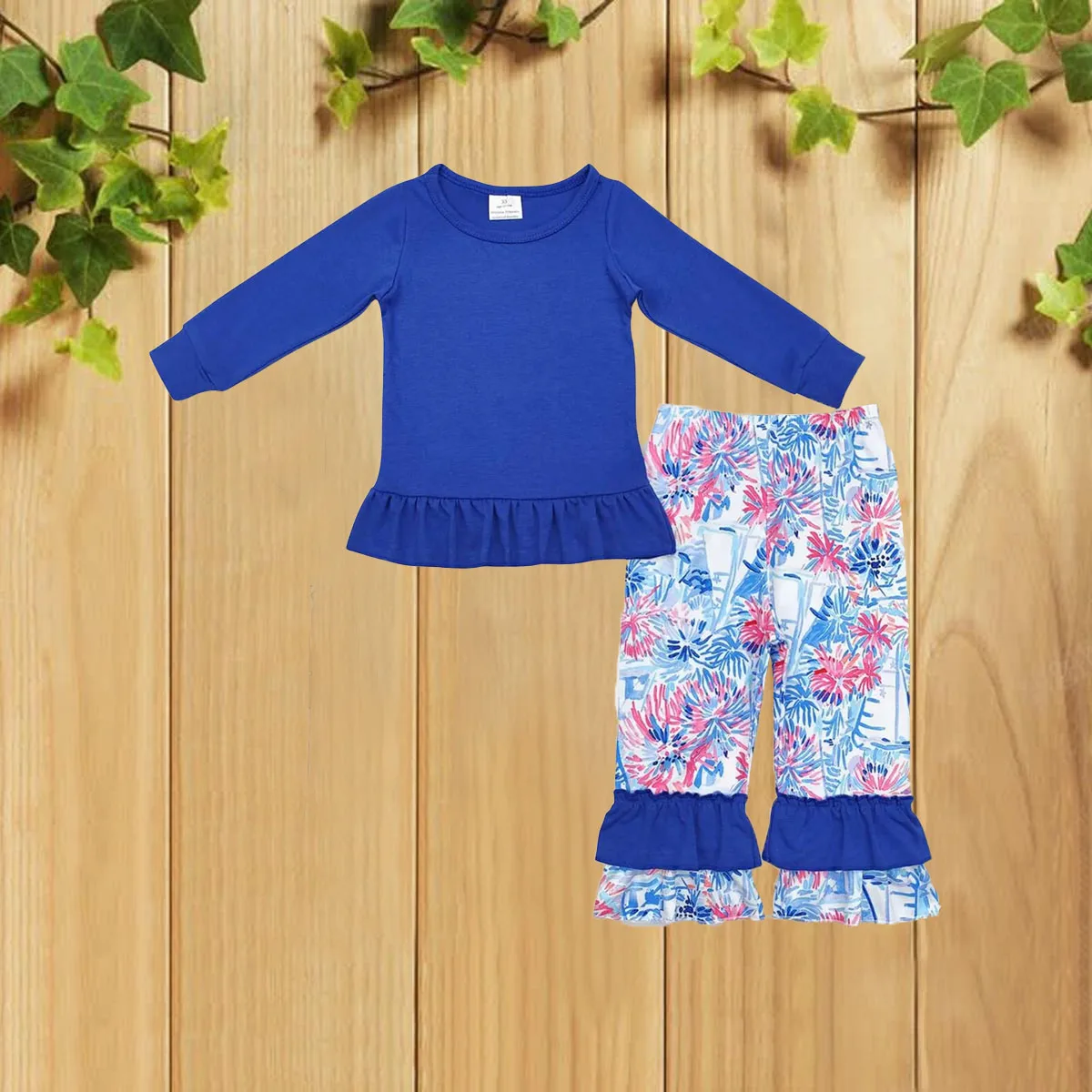 10.31 الخريف بلون اللازورد الأزرق كم طويل شجرة الإبحار نمط الفتيات السراويل لطيف الزي مجموعة للأطفال