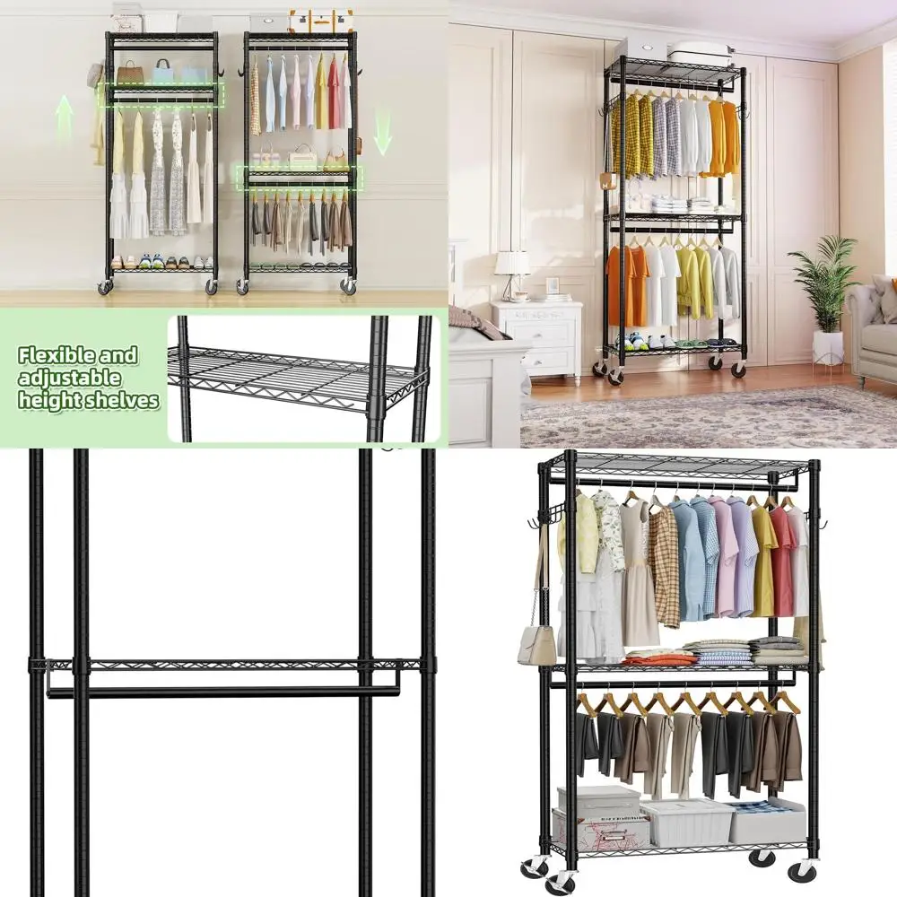 

77, сверхмощный портативный шкаф с колесами, регулируемыми полками и подвесной стержнем, черный