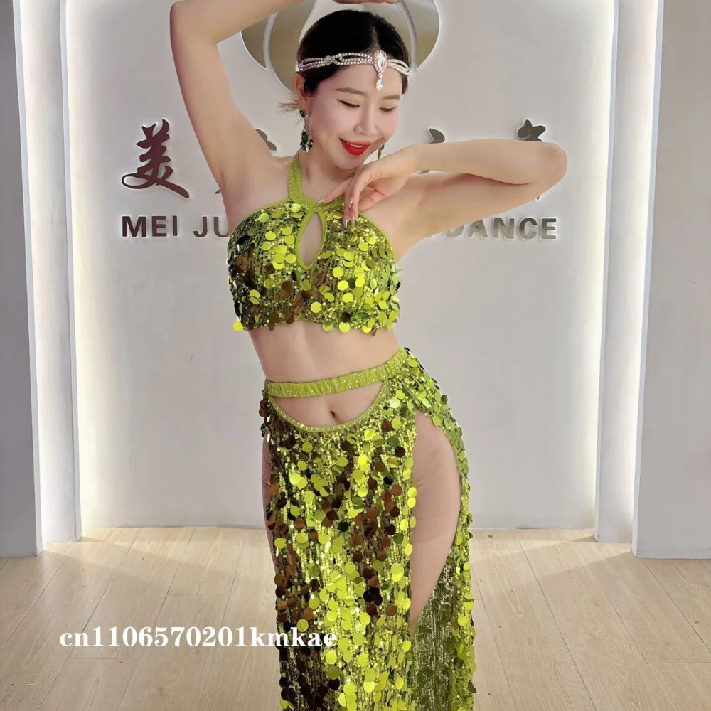 Belly Dance Costume for Women Customsized Big Sequins Top+split Long Skirt 2pcs Customsize Adult Child Oriental Professional Set