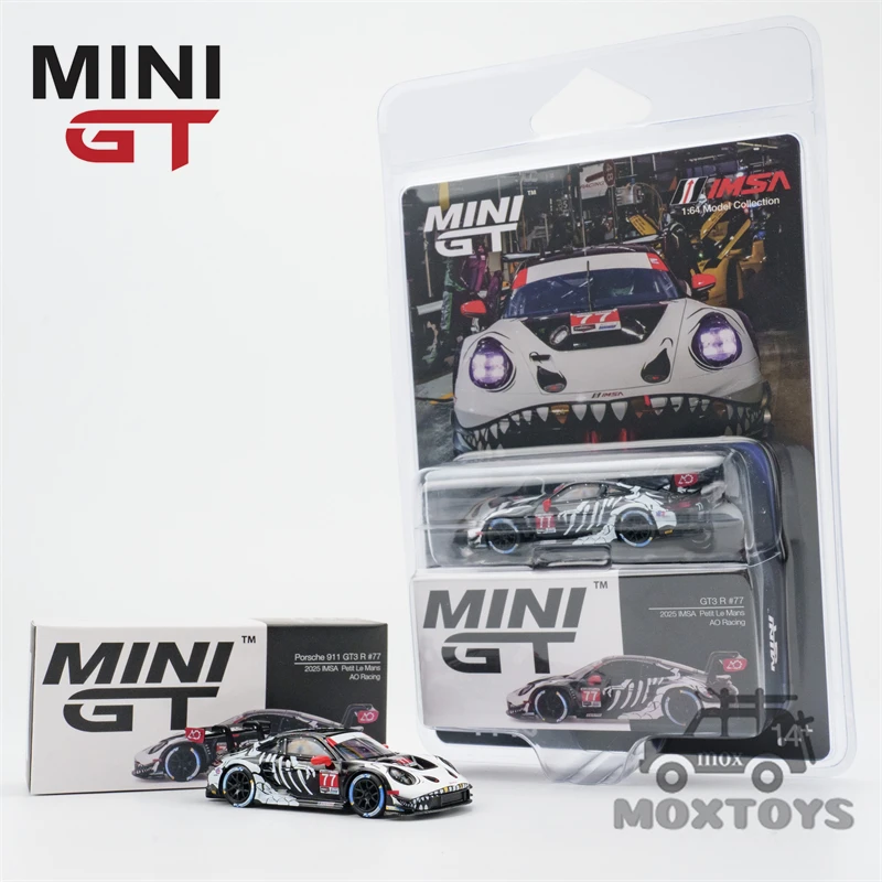MINI GT 1:64 911 GT3 R # 77 AO Racing 2025 IMSA Petit Le Mans Embalagem em Caixa de Papel / Blister Modelo de Carro em Miniatura