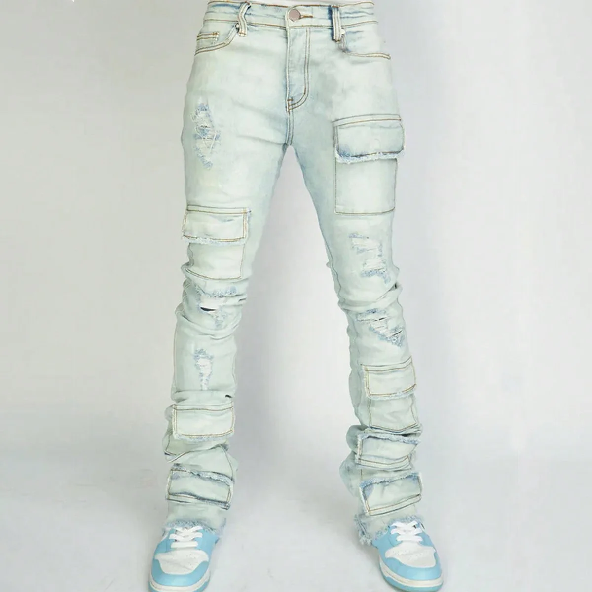 Neue Männer Flare Hosen Loch Gerade Hosen Lange Hose DenimSlim Fit Hohe Taille Casual Taste Tasche Splice Herbst Winter Jeans