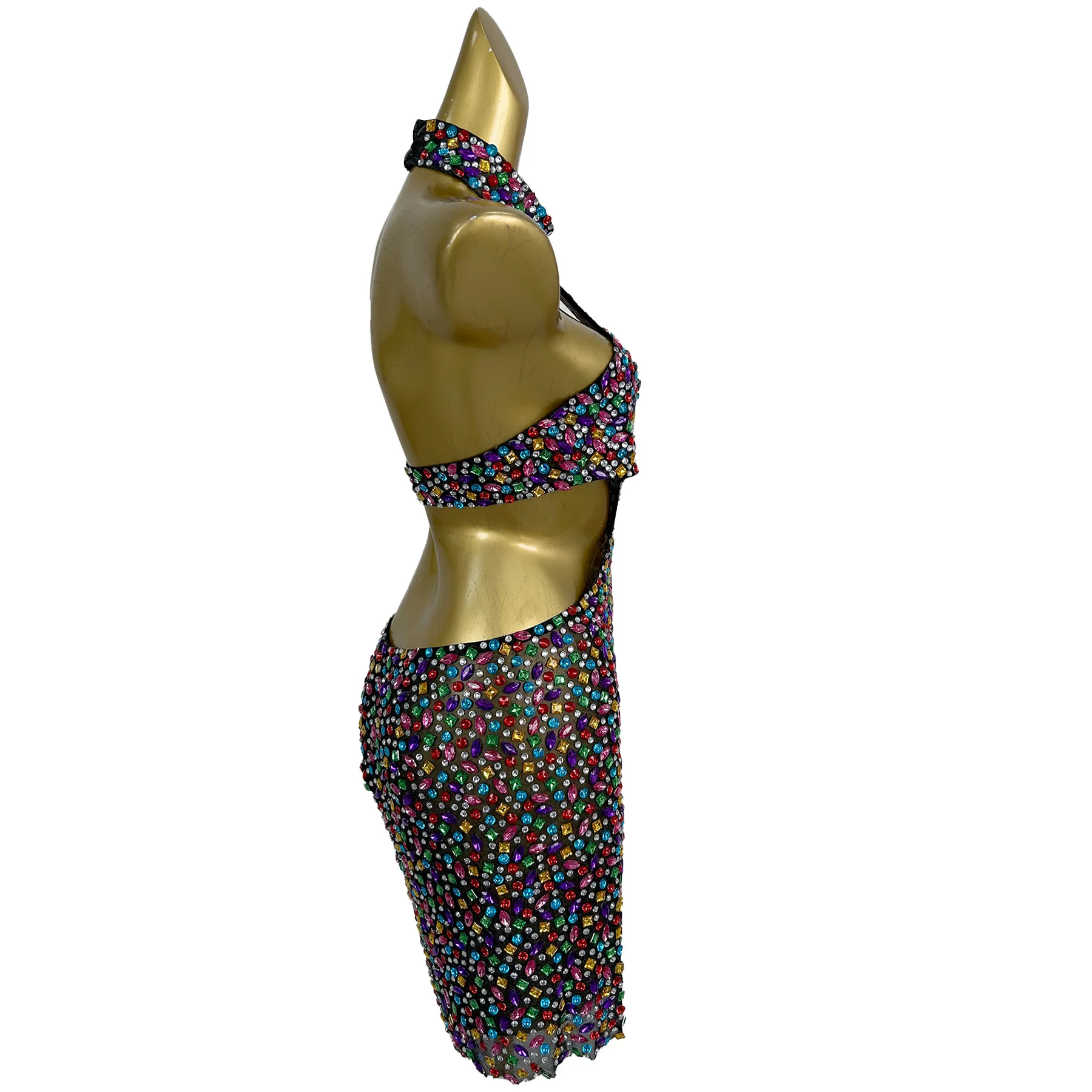 Nihongdeng-vestido Sexy con diamantes de imitación de colores brillantes, vestido colgante con cuello hueco, disfraz de actuación de Bar, vestidos de cóctel y graduación de cumpleaños