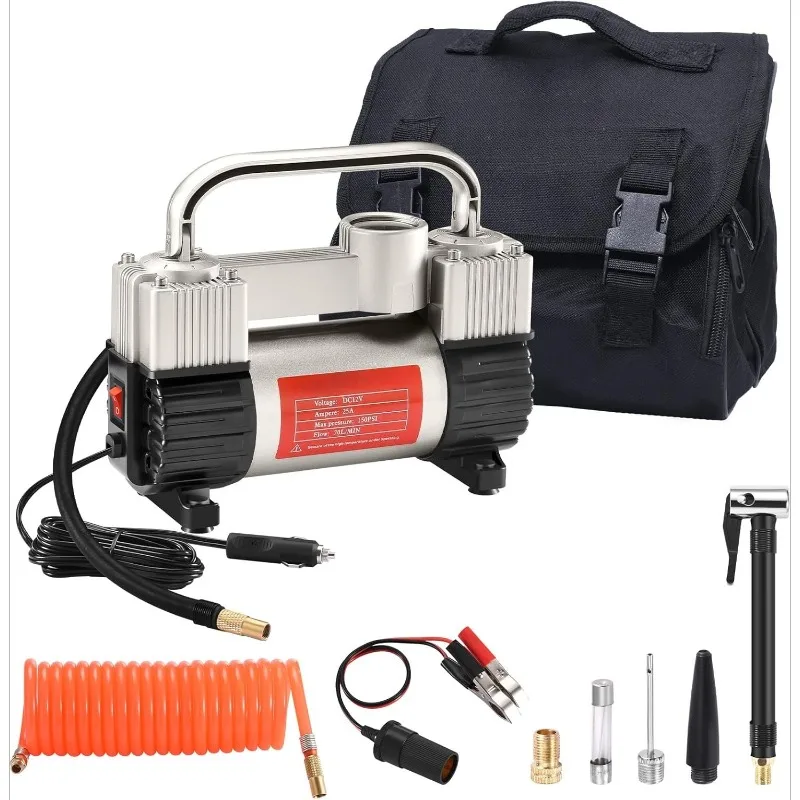 

Silver Tire Inflator Heavy Duty Double Cylinders with Portable Bag- Car Accessories，Metal 12V Air Compressor Pump 150PSI
