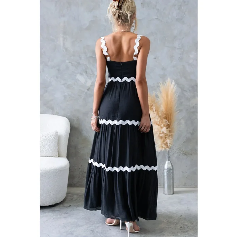 Abito estivo da donna bohémien per le vacanze Abito sexy da spiaggia con scollo a V e pieghe senza schienale scava fuori Boho Holiday Beach Maxi Dress
