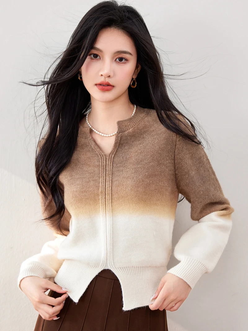 CHEERART Gradient Brown Long Sleeve Pullovers Cozy Sweater Women Jersey V Neck Knitwears Jumper Autumn Clothes