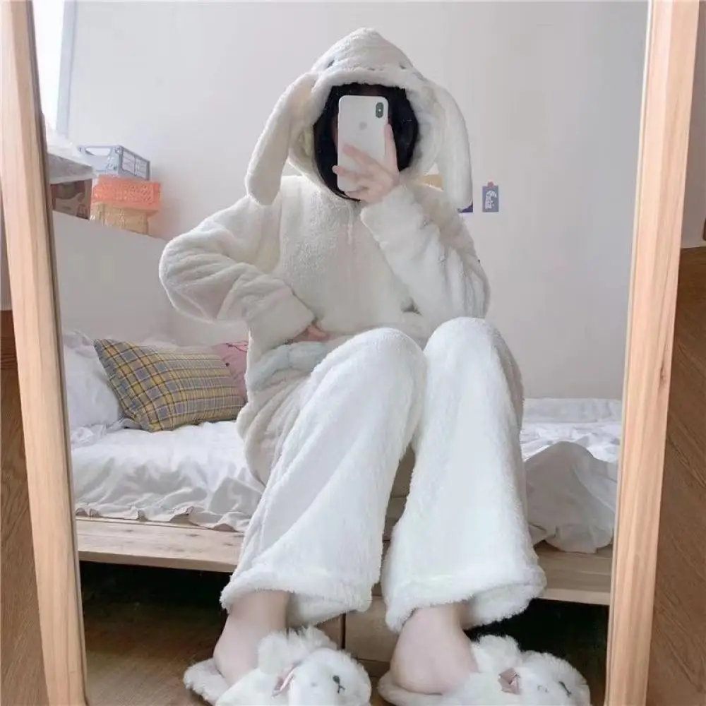Cartoon Cinnamoroll Winter Plüsch Pyjamas Set Korallen Fleece frauen Lange Ärmeln Mit Kapuze Flanell Dicke Nette Warme Homeclothes Anzug