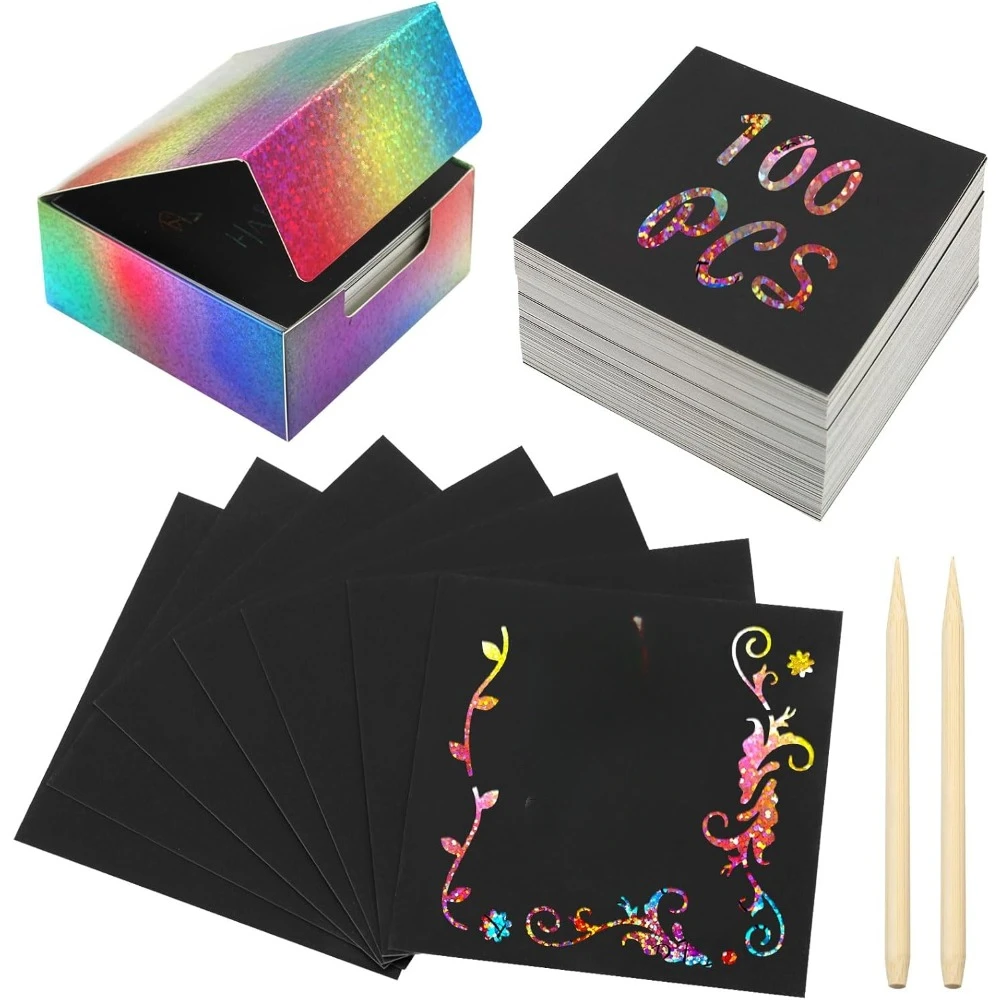 

100 штук художественных заметок Magic Rainbow Flash Scratch Art, крутая скретч-бумага для подростков, пустая скретч-арт 3,3 "x 3,3"