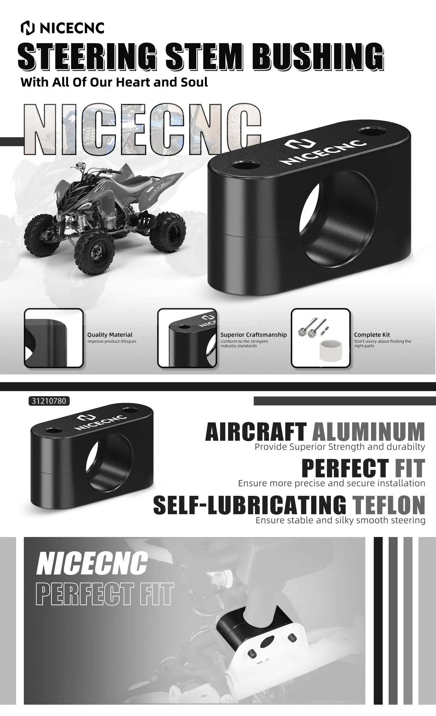 NICECNC Lenkstangenbuchse aus Aluminium für Yamaha Blaster 200, Yamaha Raptor 660 700, YFZ450, Banshee, Warrior 350 Zubehör – Detail 1