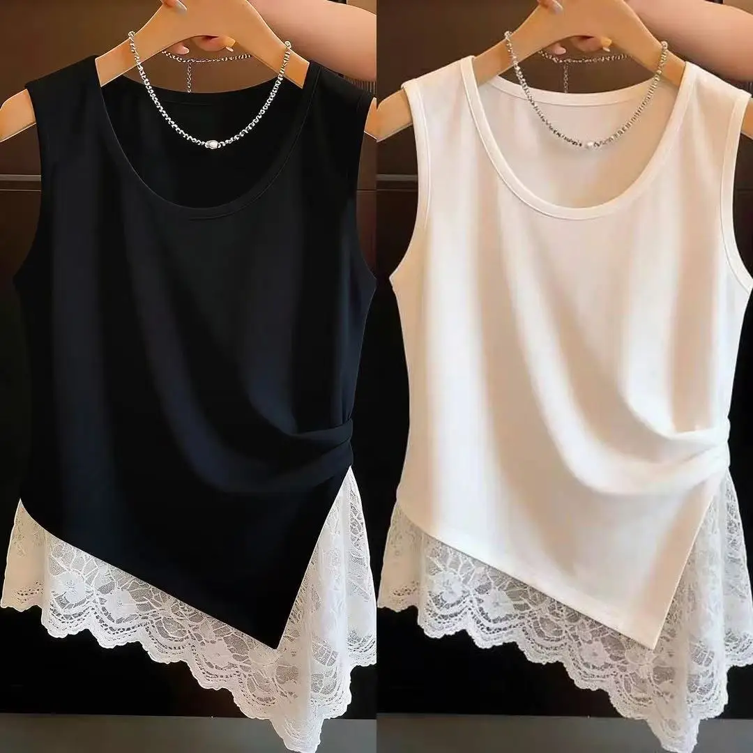 Spring and summer large-size women's clothing new commuter wind pleated design sense lace lace splicing irregular vest