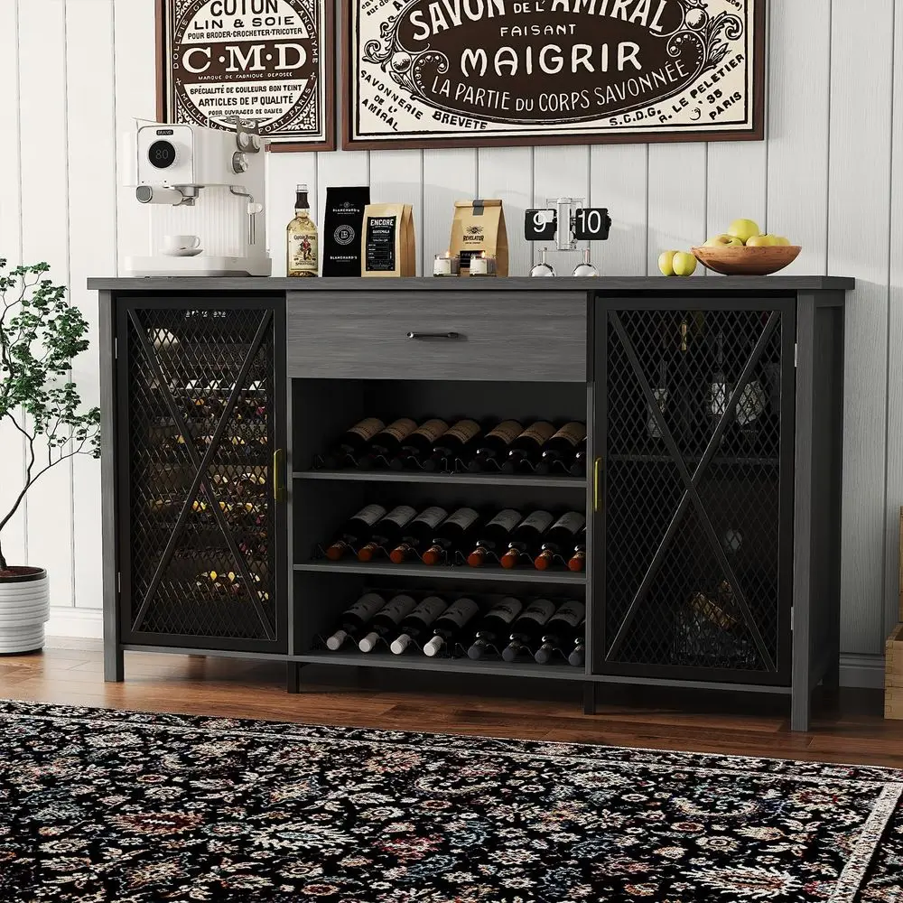 

71 Inch Coffee Bar Cabinet with Mini Fridge Space, Farmhouse Liquor Cabinet with 21 Wine Bottle Rack amp Large Drawer, Industri