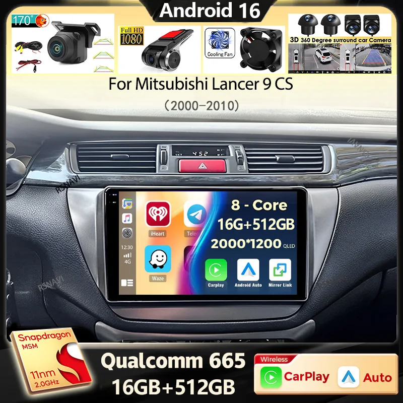 Radio para Auto con Qualcomm Android 16 y Carplay para Mitsubishi Lancer 9 CS 2000 2001-2010, Navegación GPS, Reproductor WiFi+4G, Video Estéreo, Bluetooth