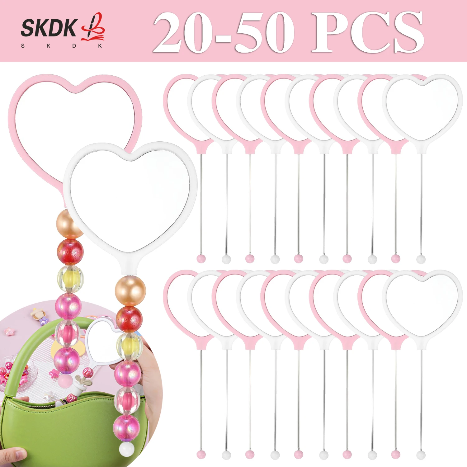20-50pcs-diy-beaded-handheld-mirror-with-pink-and-white-hearts—heart-shaped-makeup-mirror-bookmark-portable-makeup-mirror
