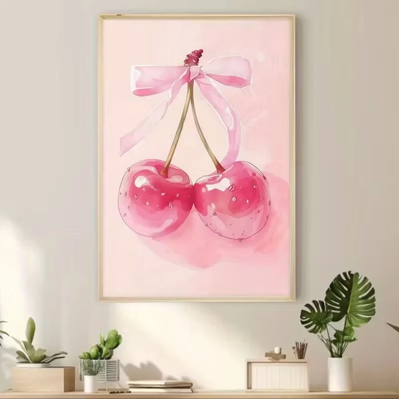 Modern Watercolor Pink Cheery Adorned With A Ribbon Bow Wall Art Print Canvas Painting Poster Picture For Living Room Home Decor