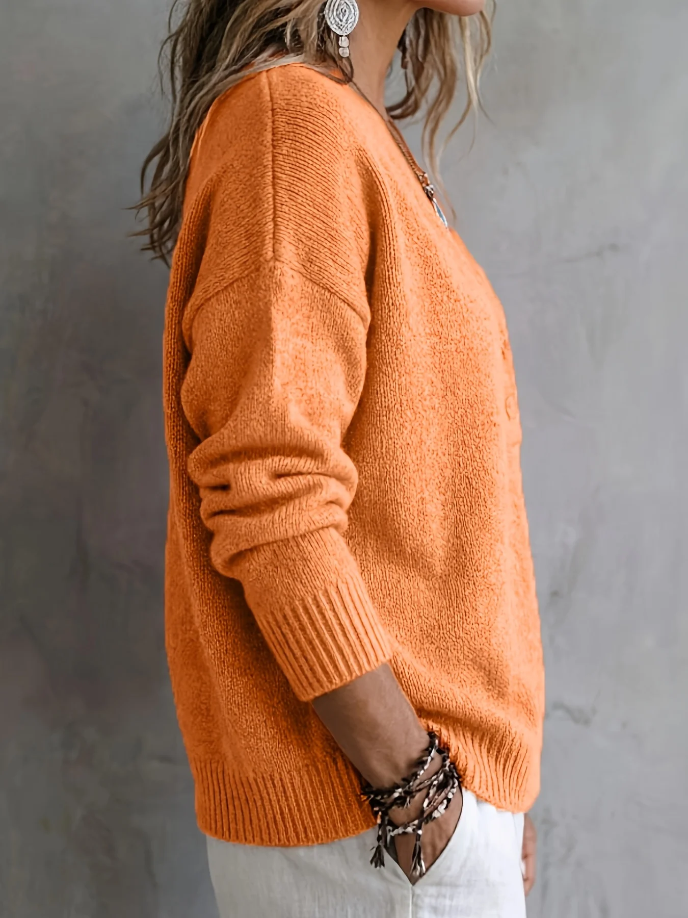 Picture 4: Women's drop shoulder design half-open placket ribbed trim knitted top, casual Bohemian style, autumn and winter style