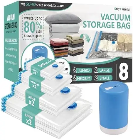 

Cozy Essential 8-Pack Travel Vacuum Bags with Wireless Pump – Space-Saving Luggage Organizer