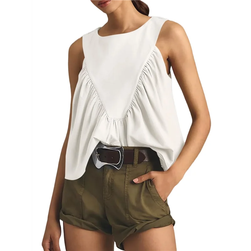 

Женские топы на бретелях Babydoll с баской, летние свободные футболки без рукавов, повседневные струящиеся топы с гофрировкой