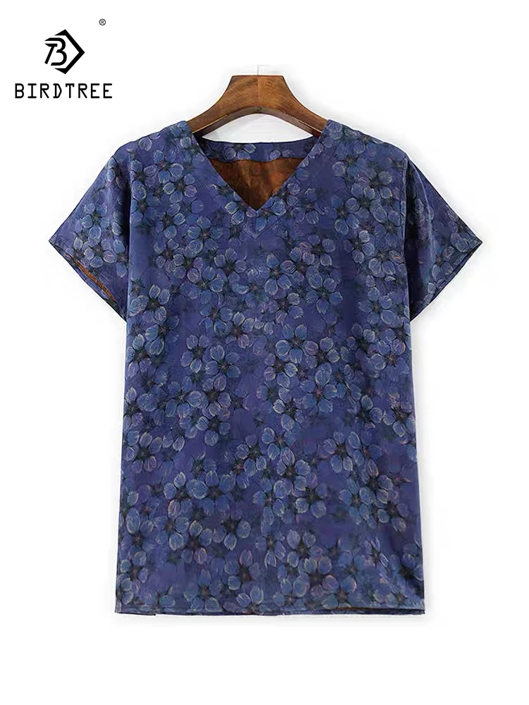 

Элегантная футболка BirdTree-35 мм из шелковой водяной марли, женская жаккардовая футболка с короткими рукавами, винтажный свободный топ, осень 202, T5O616CC