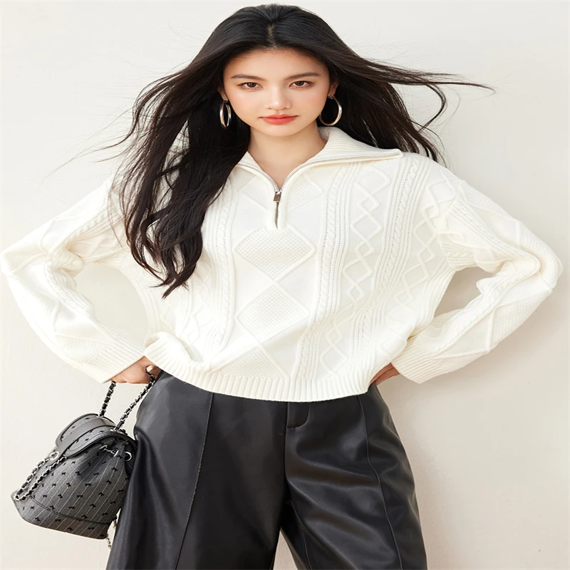 

Vimly Texture Jacquard White Sweatshirts for Women 2024 Spring Fashion Half Zip Lapel Drop Long Sleeve Top Female Clothing M2558