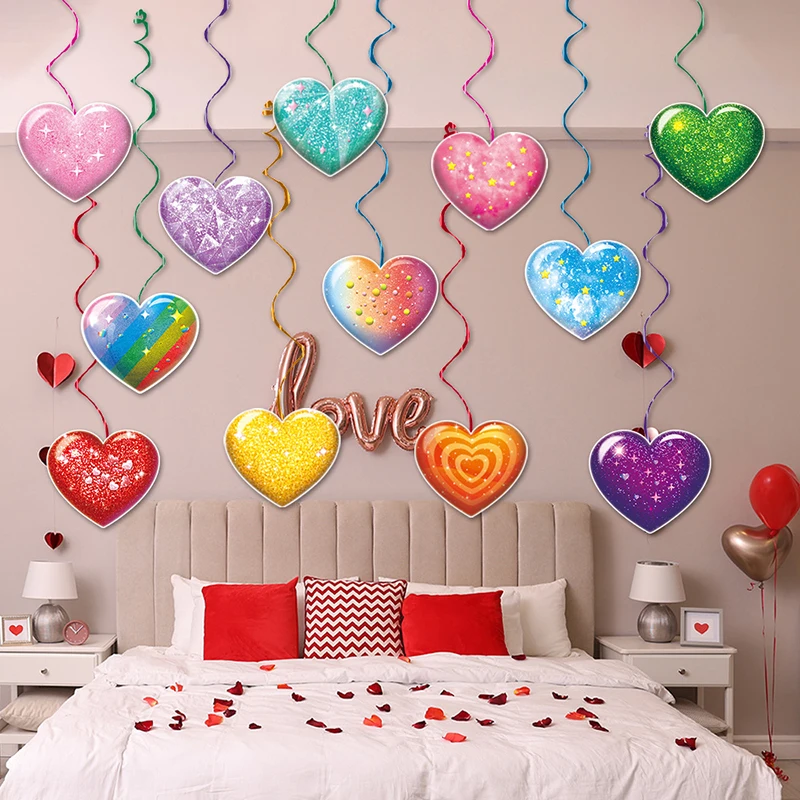 Valentine's Day Hanging Swirls Set 12 Pcs Double-Sided Heart Spiral Pendant Ceiling Decor for Home Party Garden Yard