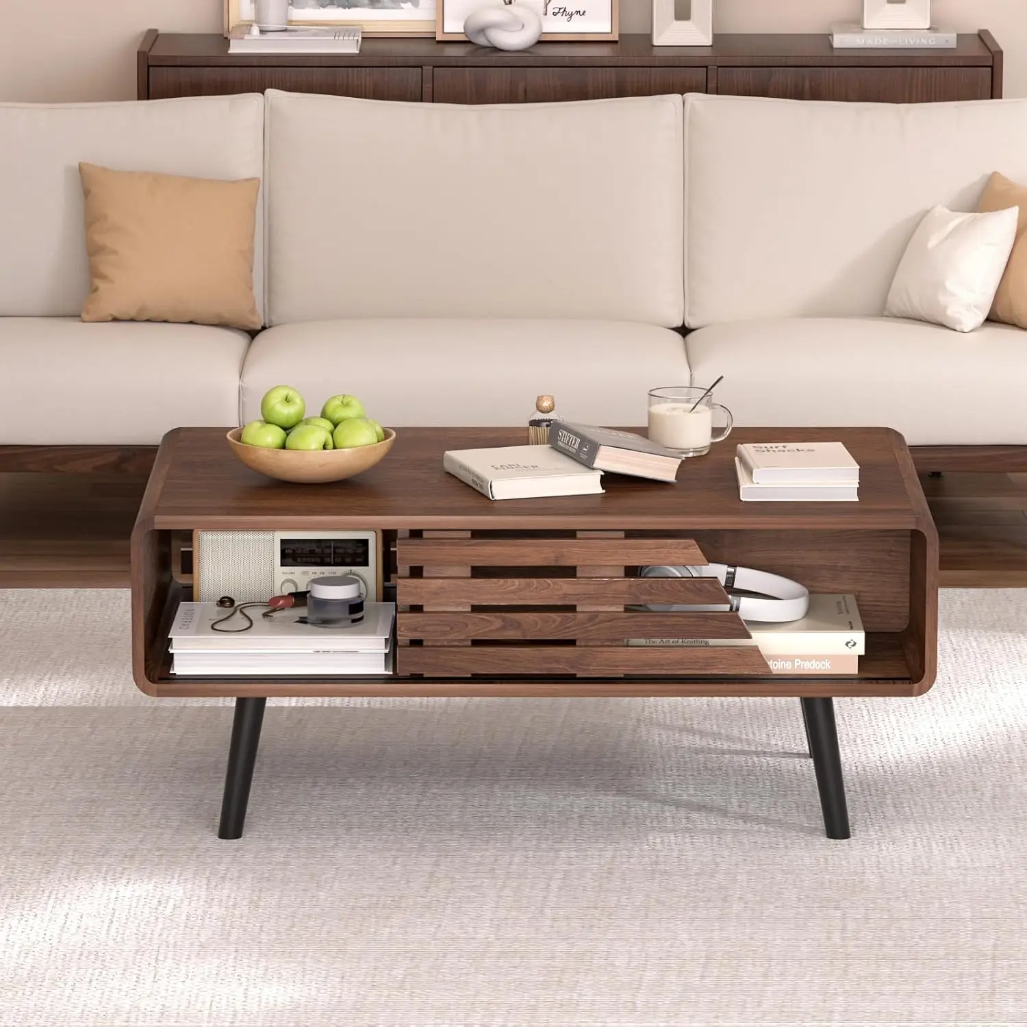 

39.4" Mid-Century Modern Walnut Coffee Table - Fluted Design Wood Table with Sliding Door Storage & Open Shelves,