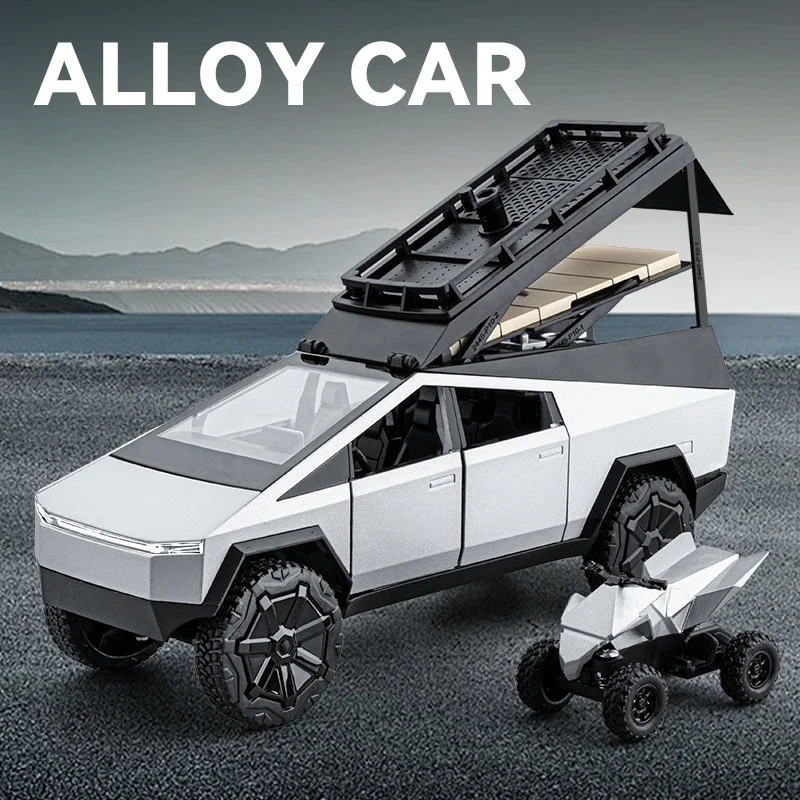 RV Car Model With Motorbike Model Diecast 1/24 Cybertruck Pickup Sound Light Collective Alloy Miniature Voiture Boy Car Toy Gift