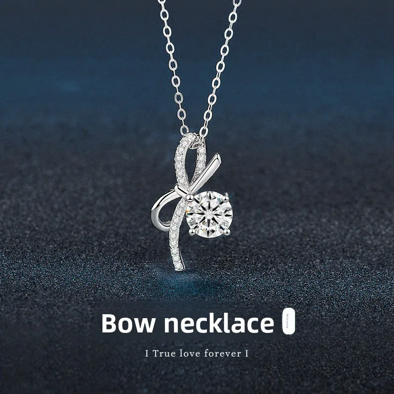 

S925 Silver 1Ct D Moissanite Bow Pendant Necklace for Women