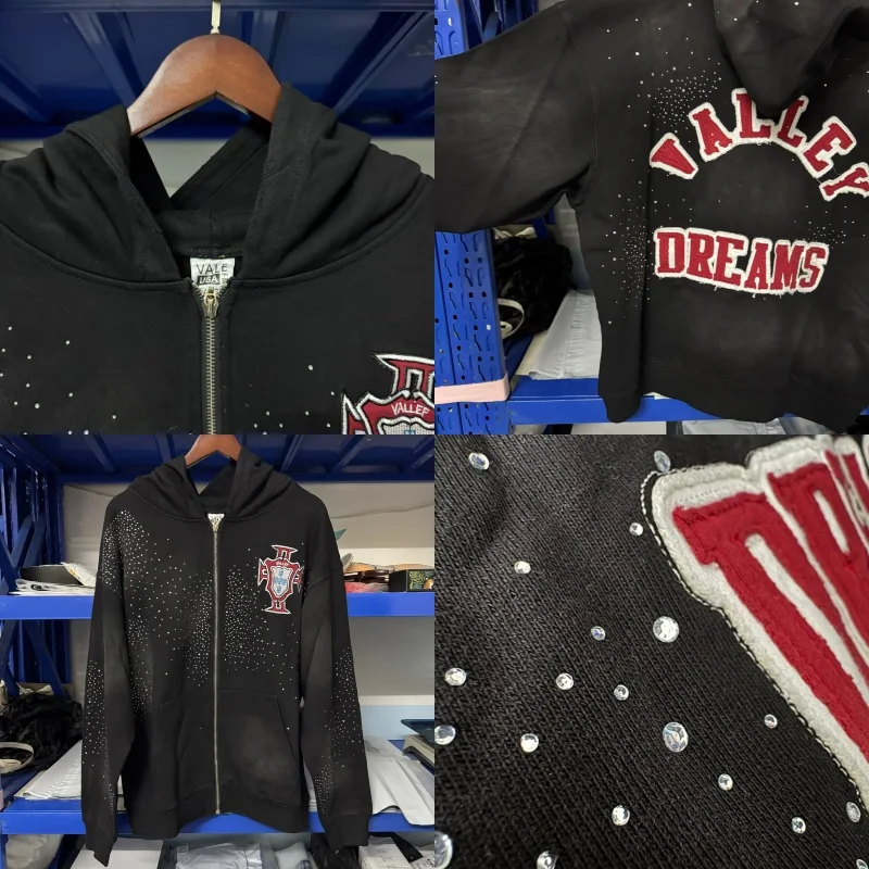 سترات بسحاب بشعار مطرز من VALLEY للرجال والنساء 1:1 أفضل جودة على الطراز الأمريكي بغطاء للرأس أسود مغسول