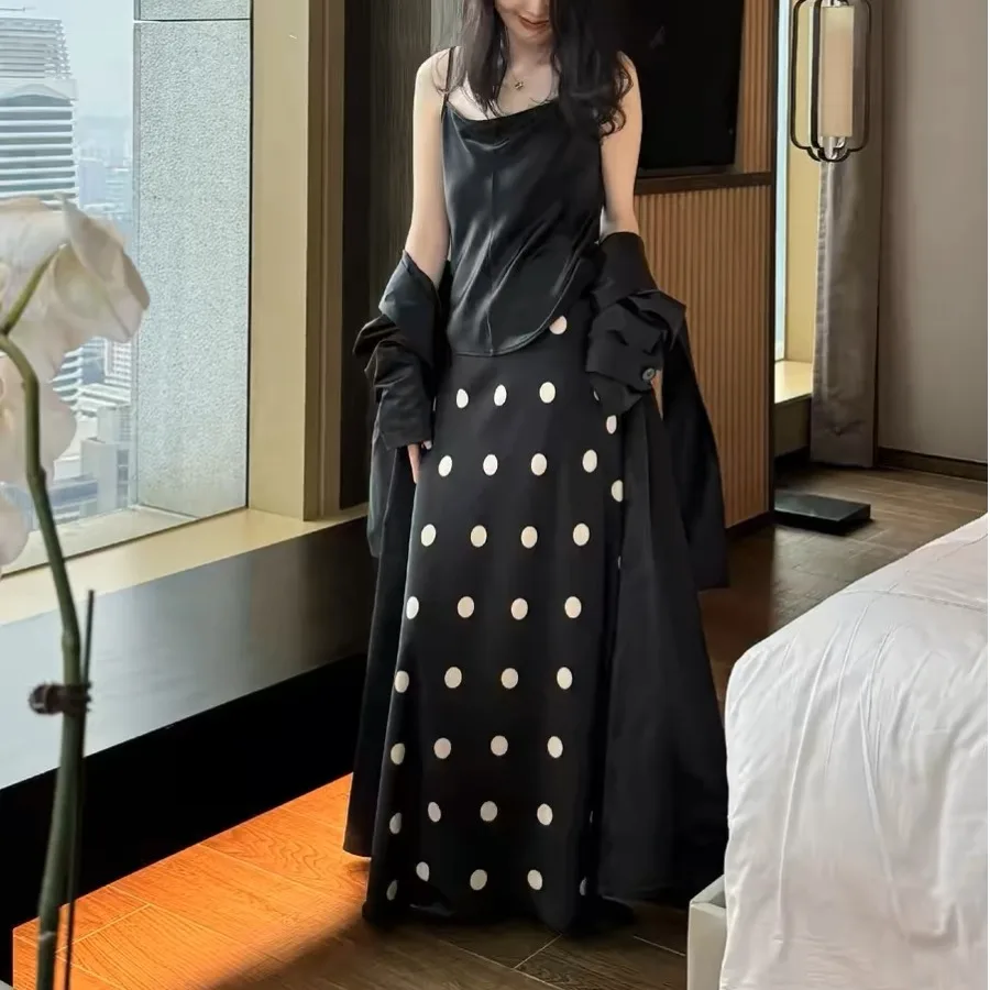 Fall Polka Dot Versatile Half Skirt Standard Fit mid Waist Embroidery Detail Polyester Fiber Silk Finish Women's Skirt