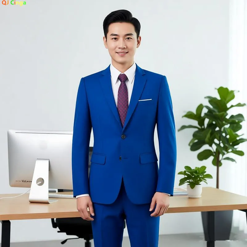 

Royal Blue Men's Two-Piece Set, Red Slim-Fit Suit Jacket with Trousers, Suitable for Office Interview and Wedding. 2027 New