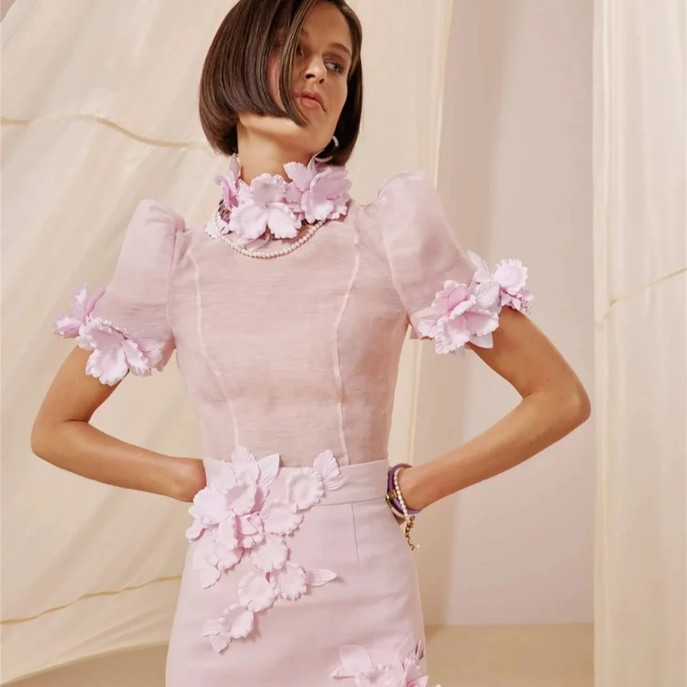 エレガントなピンクのアップリケ付きプロムドレス 女性用 ハイネック 半袖 ストレート フォーマルパーティードレス فساتين سهرة カスタマイズ可能