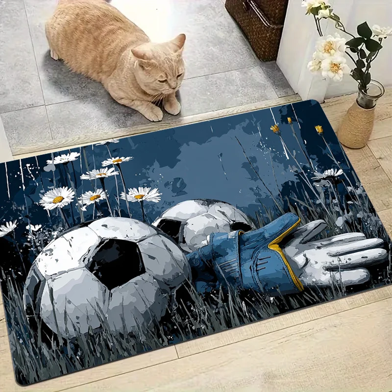 Sporty Soccer Ball And Glove Doormat Athletic Nature Scene Entrance Rug For Home Gym And Game Room Decor